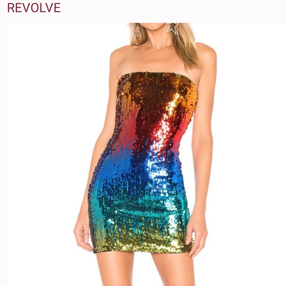 XS Revolve colorful, funky sequins mini dress strapless stretch sparkly brazil